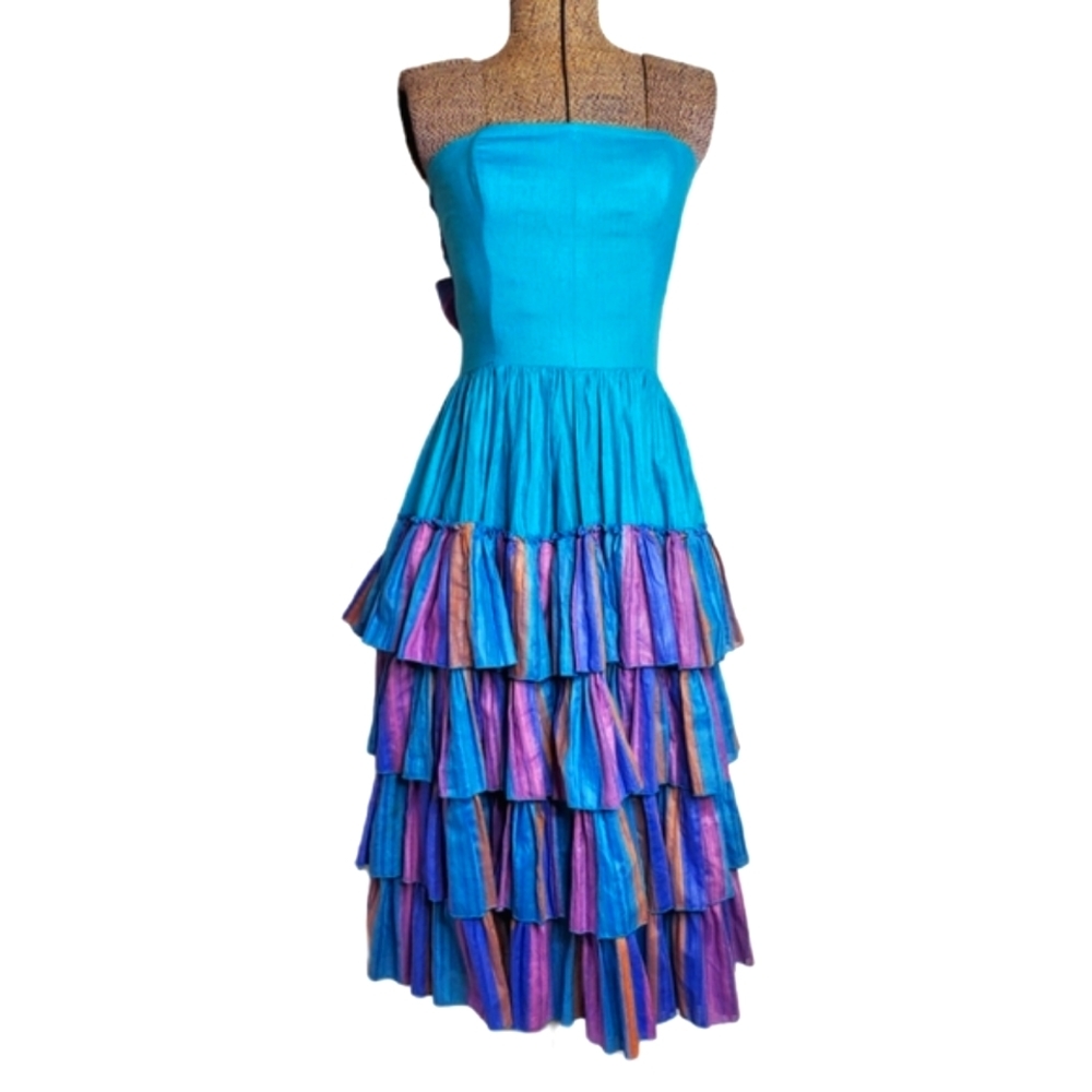 Vintage strapless teal and pink ball gown with layered skirt